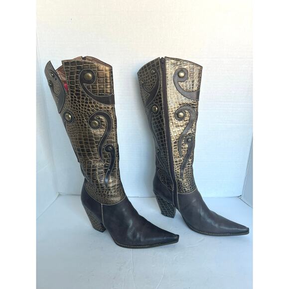 Veruska European Western Bronze Studded Vegan Cowgirl Knee High Boots Sz 6 Slim - Picture 3 of 12
